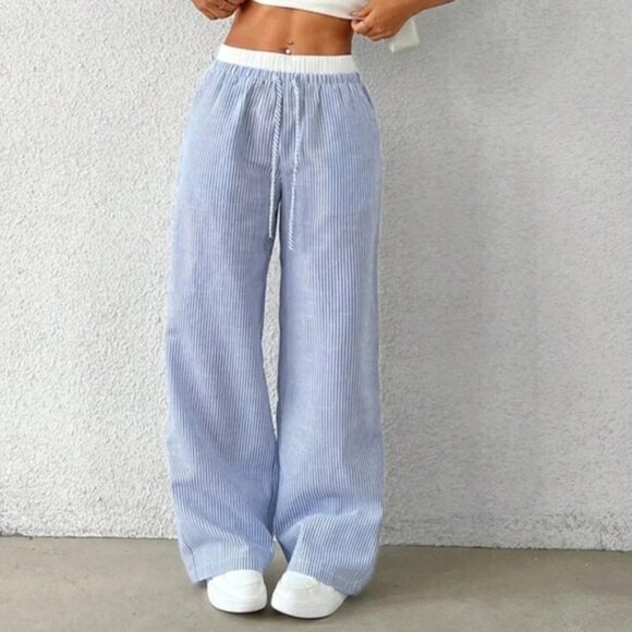 Women's Casual Blue Striped Woven Wide Leg Pants With Loose Fit - Picture 4 of 7